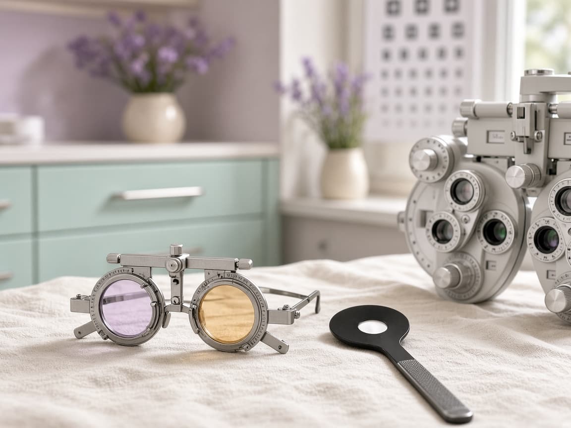Trial frames and refraction tools on a clinic table